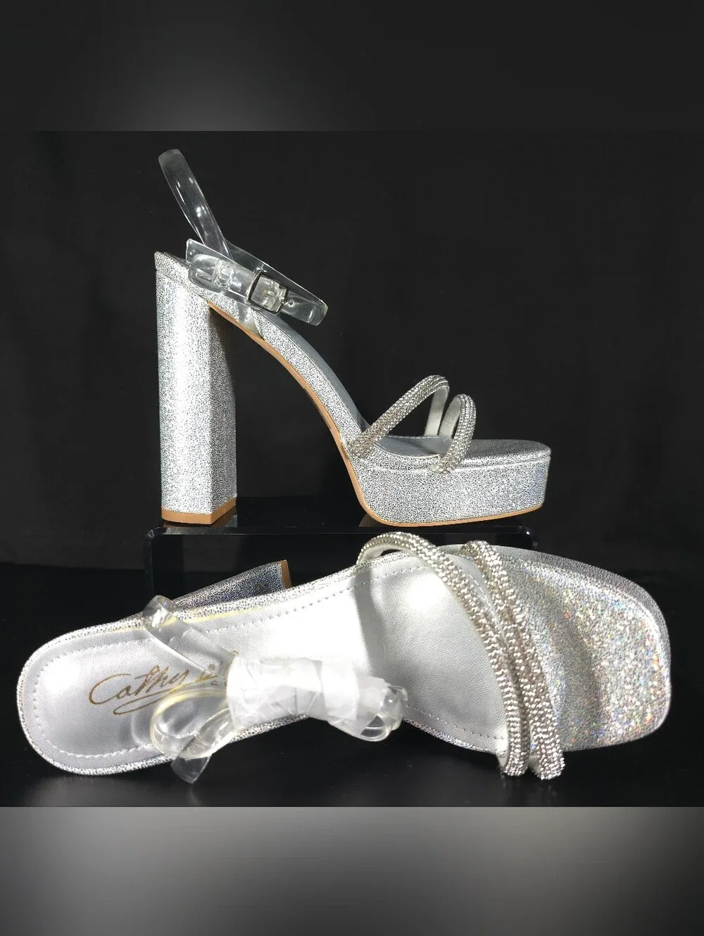 Cathy Din “Kiera” Silver Rhinestone Platform Heels – Size 8 – NIB